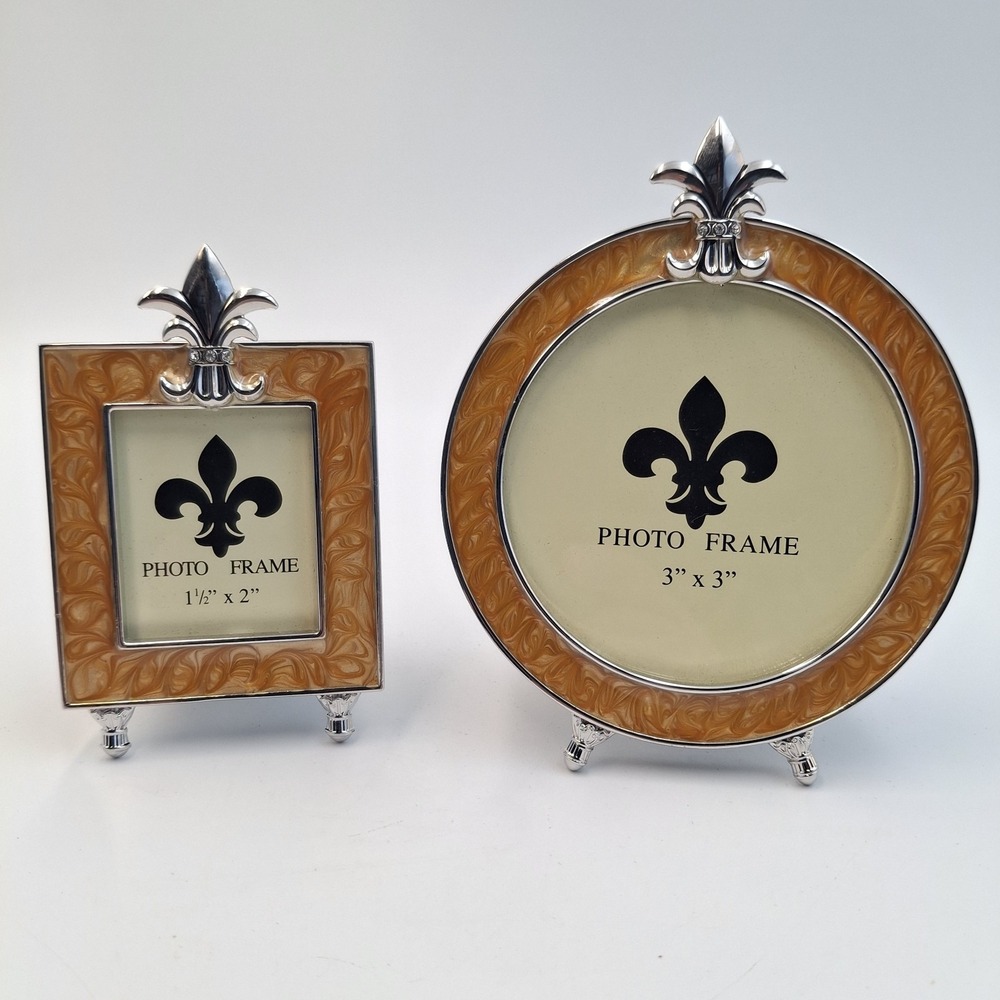 Vintage Fleur De Lis Photo Frame Set Honey Enamel Silver Tone Round Square Mini